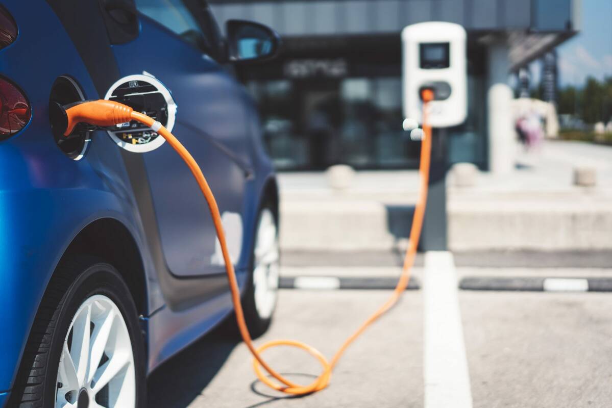 An electric car charges
